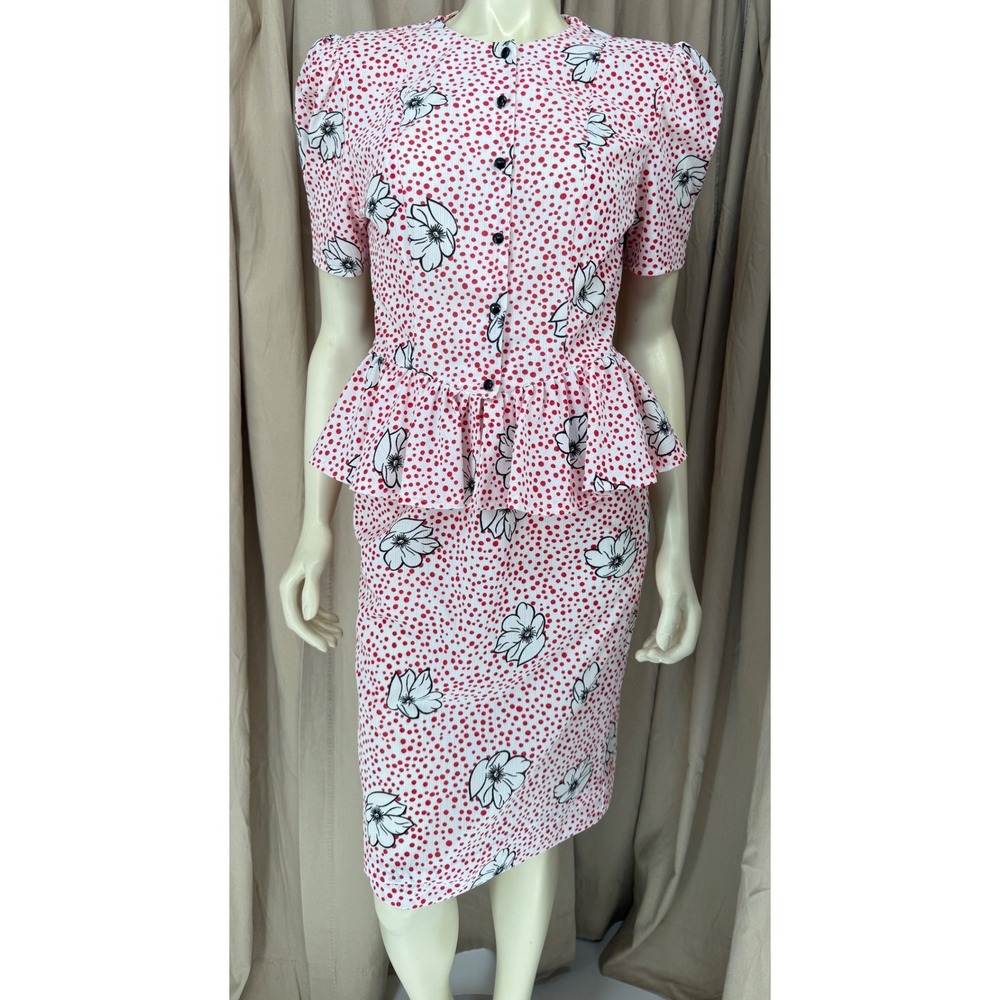 Vintage 80s UK Peplum Skirt Set Puff Sleeve Floral Polka Dot Secretary 2 Pc